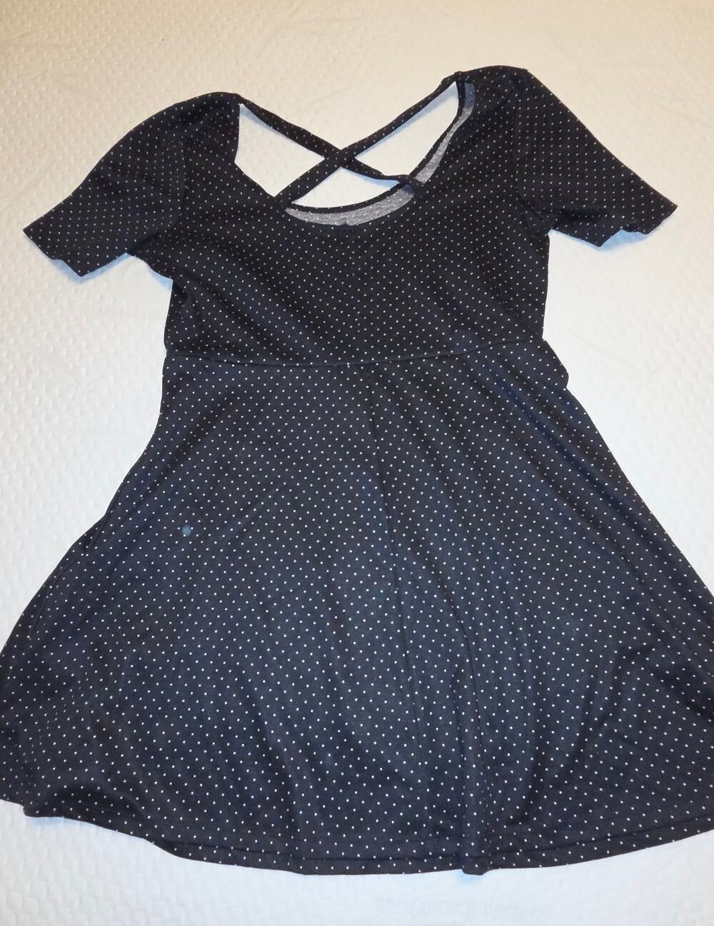 Womenβs Black Polka Dot Fit & Flare Dress Criss Cross Back Short Sleeve A-Line